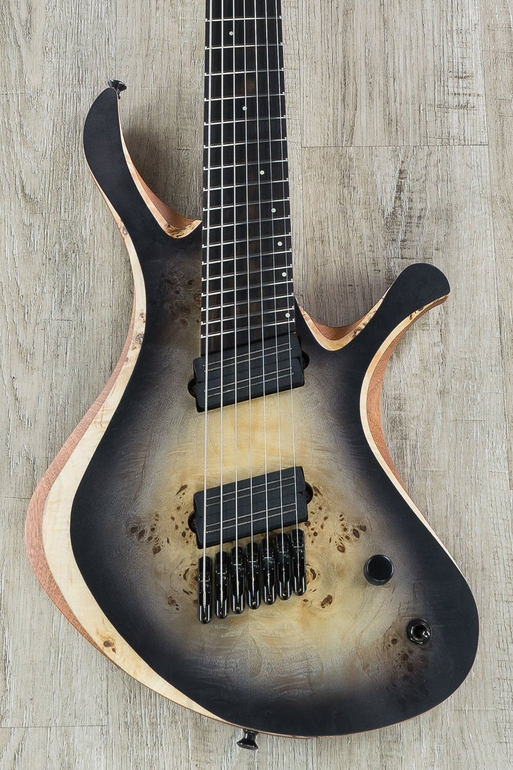 Skervesen Swan 7 FF 7-String Fanned Fret Electric Guitar, Poplar Burl Top, Hard Case - Black Burst