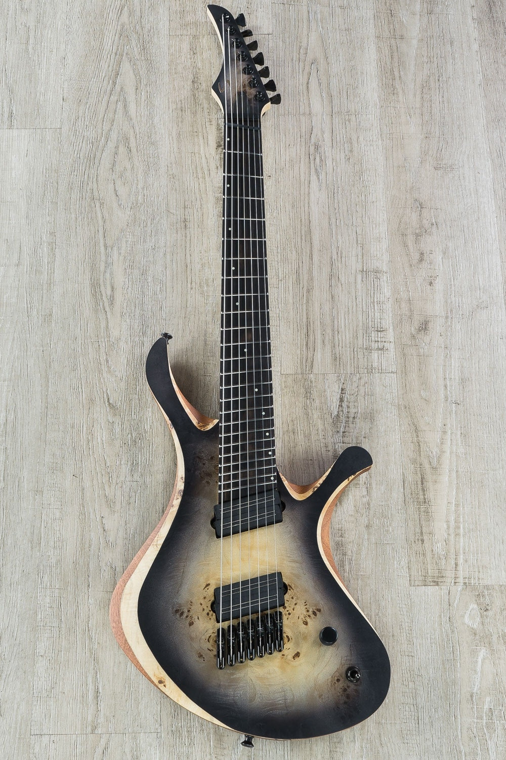 Skervesen Swan 7 FF 7-String Fanned Fret Electric Guitar, Poplar Burl Top, Hard Case - Black Burst