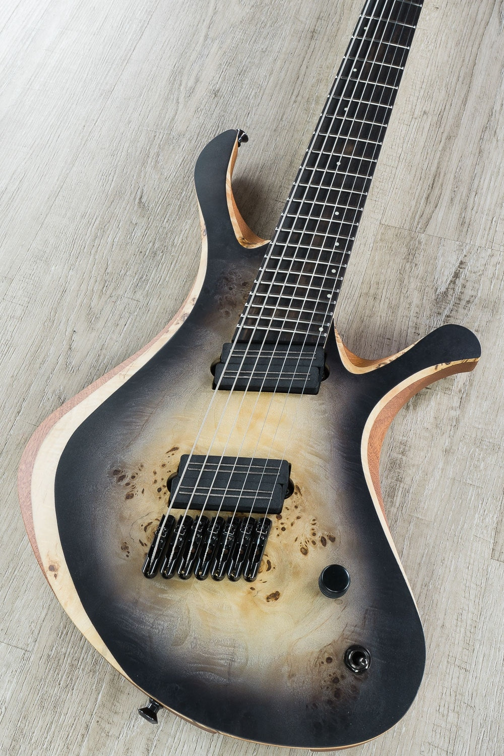 Skervesen Swan 7 FF 7-String Fanned Fret Electric Guitar, Poplar Burl Top, Hard Case - Black Burst