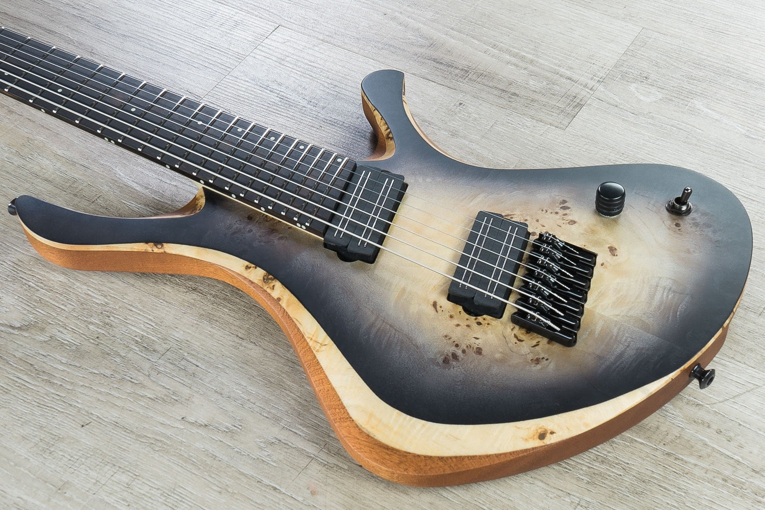 Skervesen Swan 7 FF 7-String Fanned Fret Electric Guitar, Poplar Burl Top, Hard Case - Black Burst