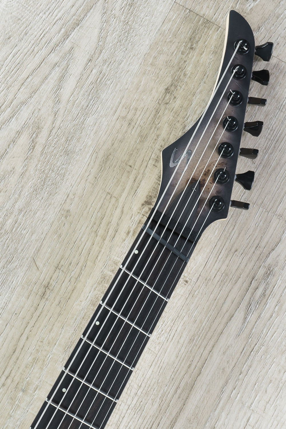 Skervesen Swan 7 FF 7-String Fanned Fret Electric Guitar, Poplar Burl Top, Hard Case - Black Burst