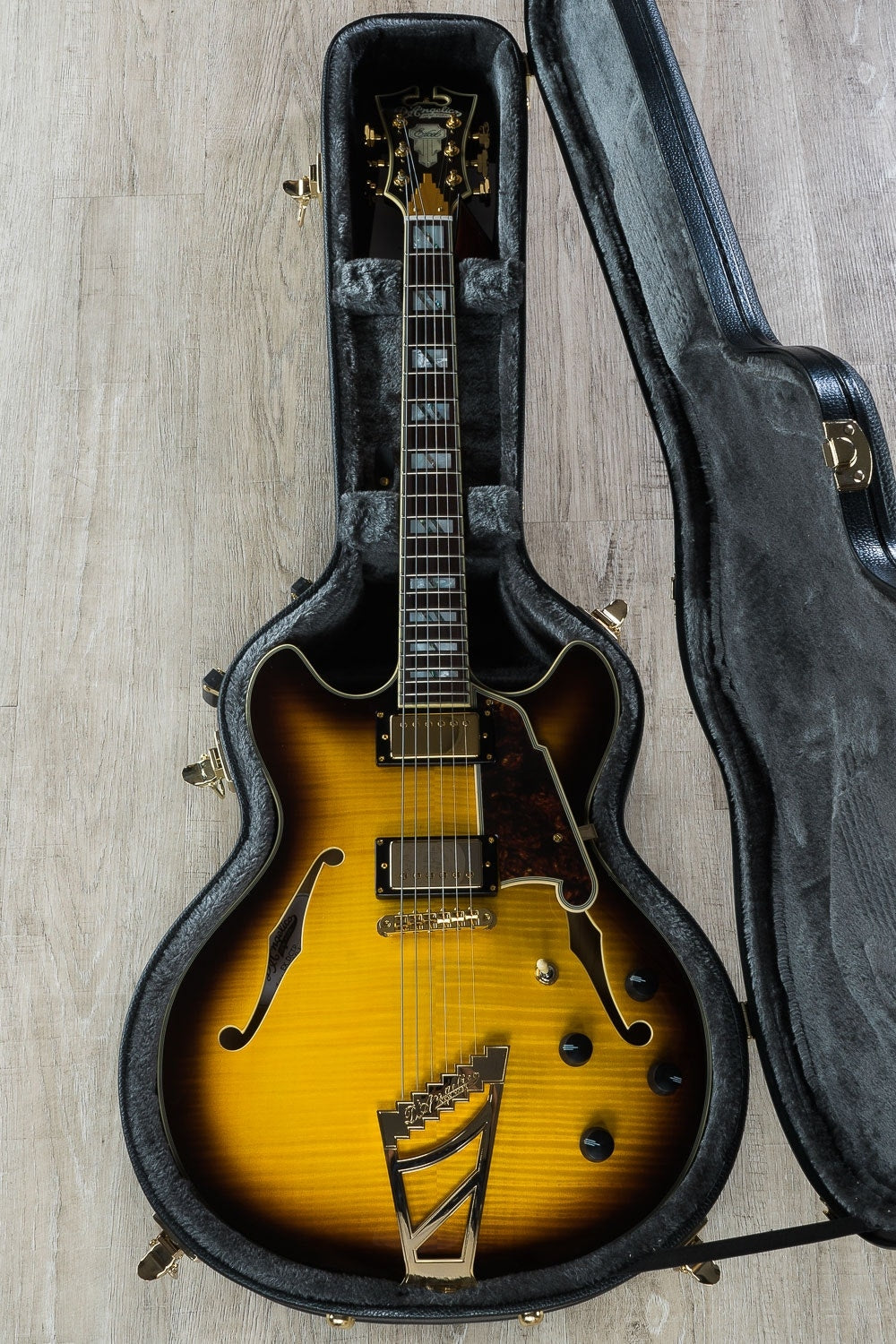 D'Angelico Excel DC Semi-Hollow Electric Guitar, Pau Ferro Fingerboard, Hard Case - Vintage Sunburst