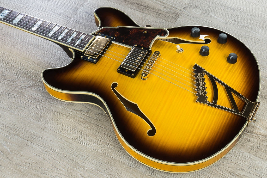 D'Angelico Excel DC Semi-Hollow Electric Guitar, Pau Ferro Fingerboard, Hard Case - Vintage Sunburst