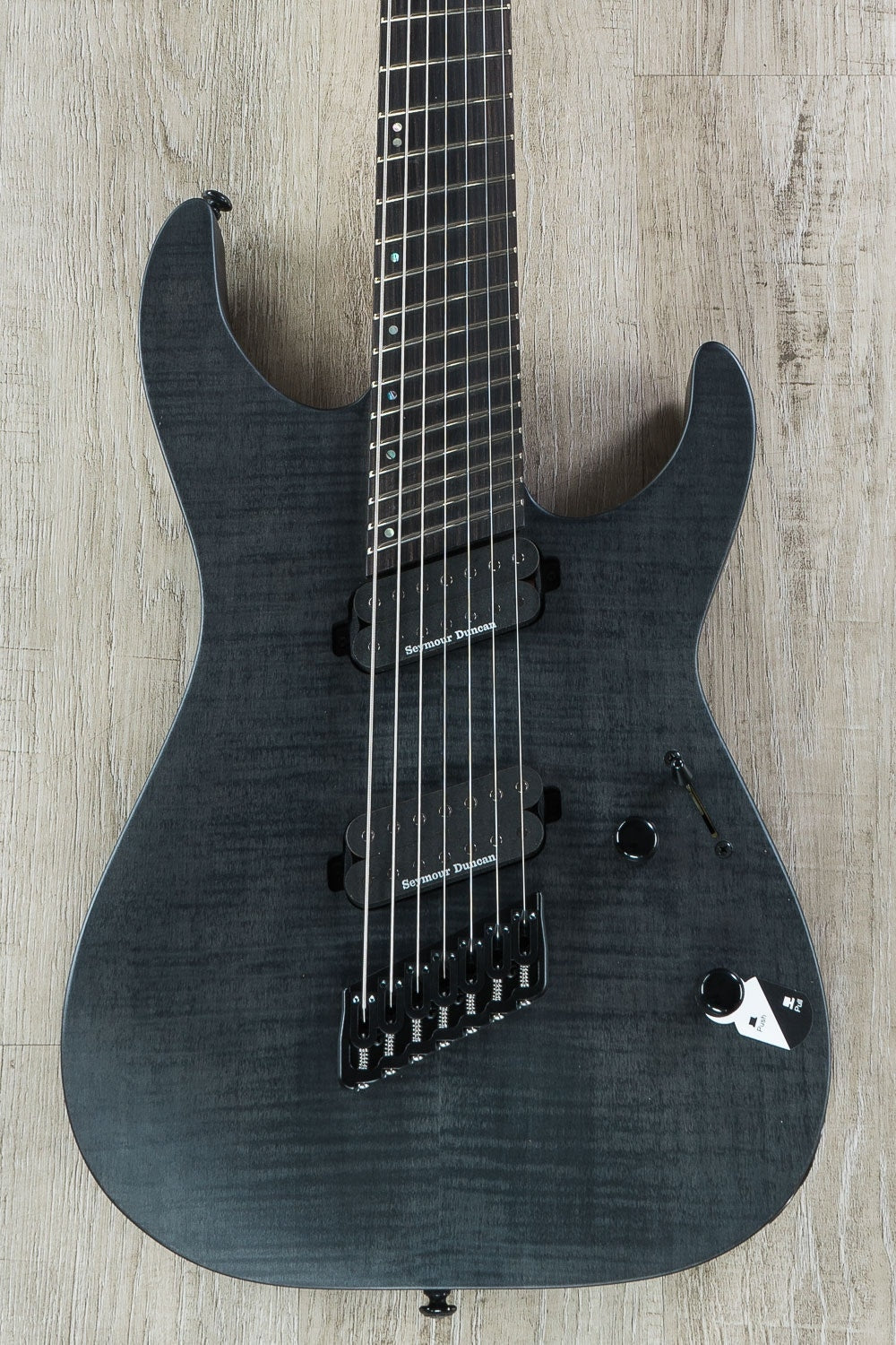 ESP LTD M-1007 Multi-Scale 7-String Electric Guitar, Flamed Maple Drop Top - See Thru Satin Black
