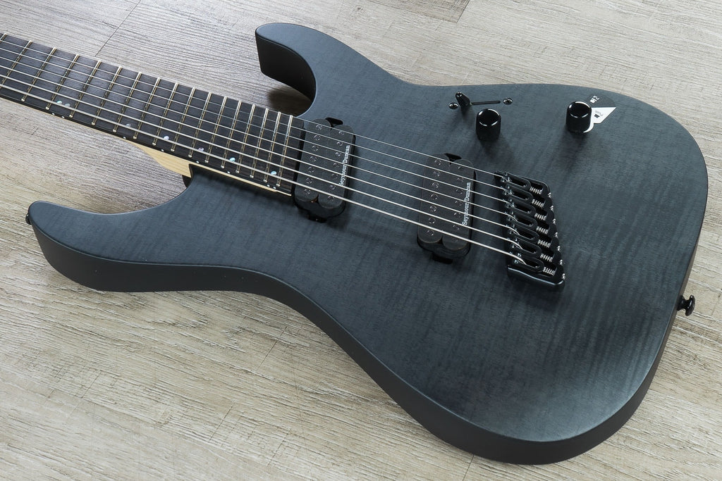 ESP LTD M-1007 Multi-Scale 7-String Electric Guitar, Flamed Maple Drop Top - See Thru Satin Black