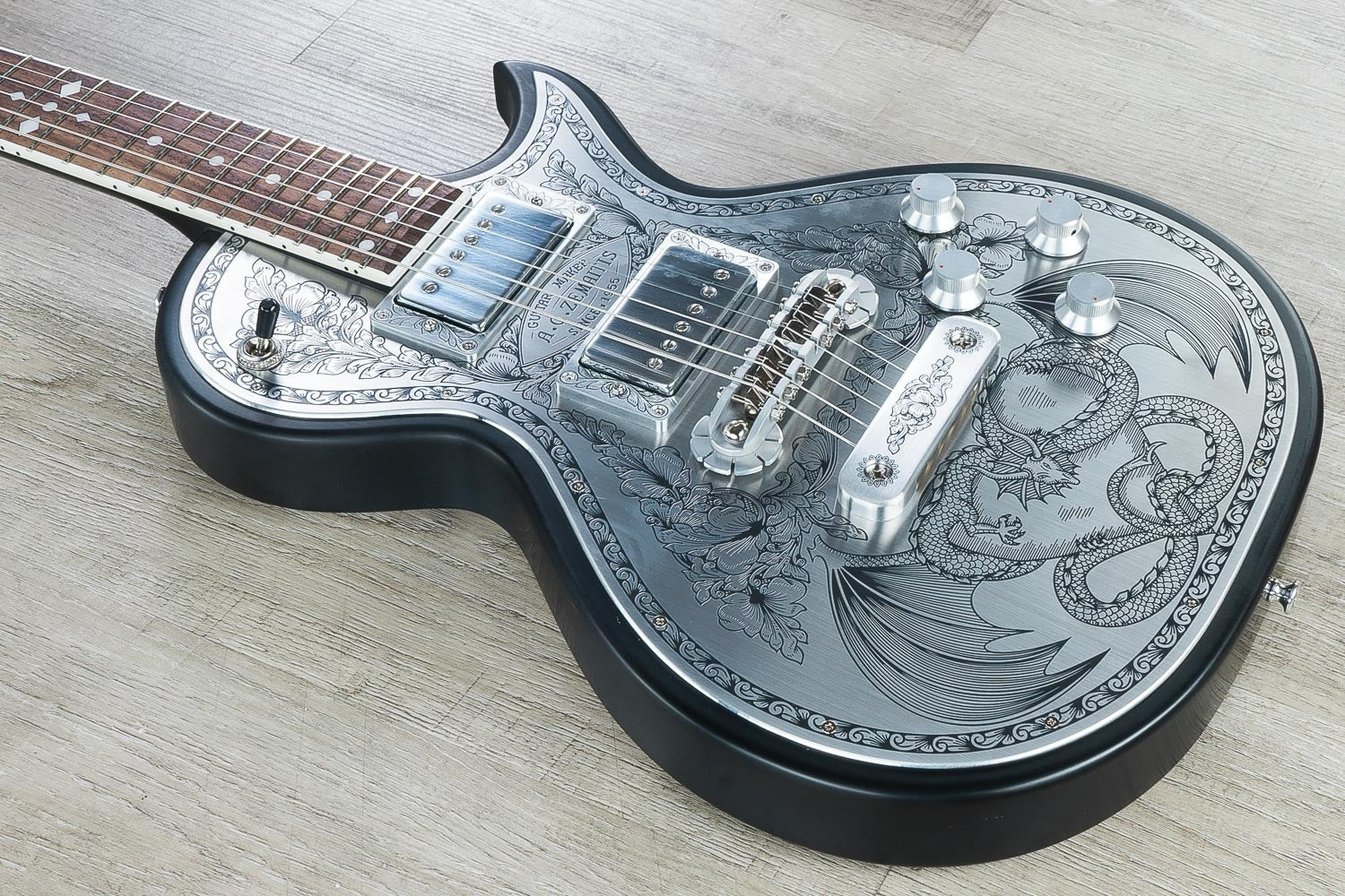 Zemaitis A24MF Dragonheart Metal Front Electric Guitar, Rosewood Fretboard, Hard Case - Black (B-Stock)