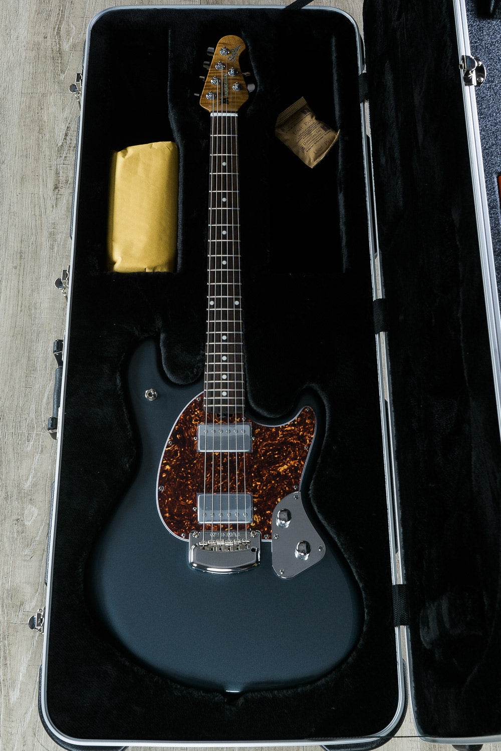 Ernie Ball Music Man StingRay HH Electric Guitar, Figured Roasted Maple Neck, Hard Case - Charcoal Frost