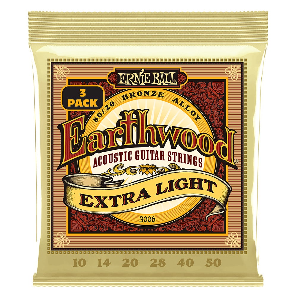 Ernie Ball 3006 Earthwood Extra Light 80/20 Bronze Acoustic Guitars Strings 3-Pack, 10-50