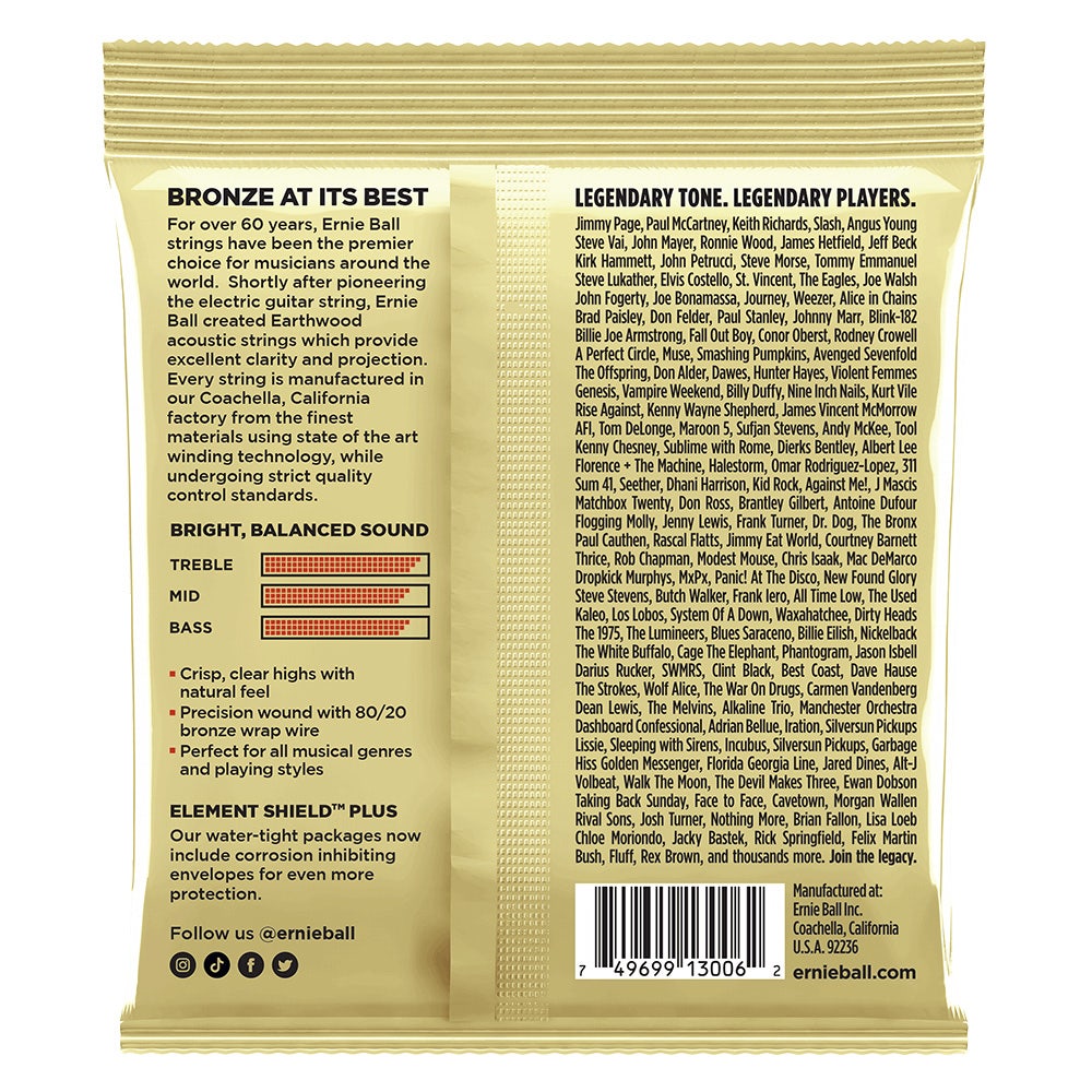 Ernie Ball 3006 Earthwood Extra Light 80/20 Bronze Acoustic Guitars Strings 3-Pack, 10-50