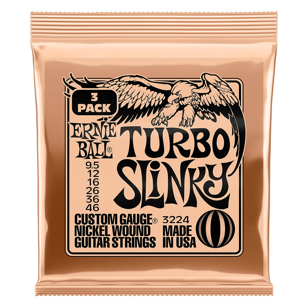 Ernie Ball 3224 Turbo Slinky Nickel Wound Electric Guitar Strings 3-Pack, 9.5-46