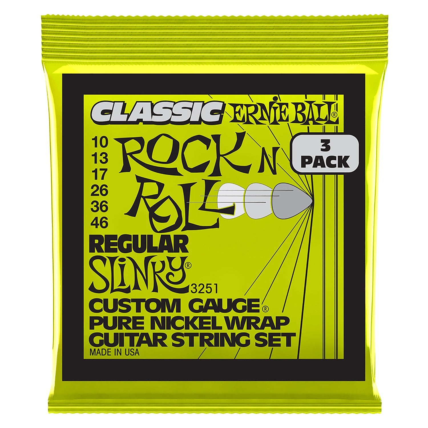 Ernie Ball 3251 Regular Slinky Classic RnR Pure Nickel Electric Guitar Strings 3-Pack, 10-46