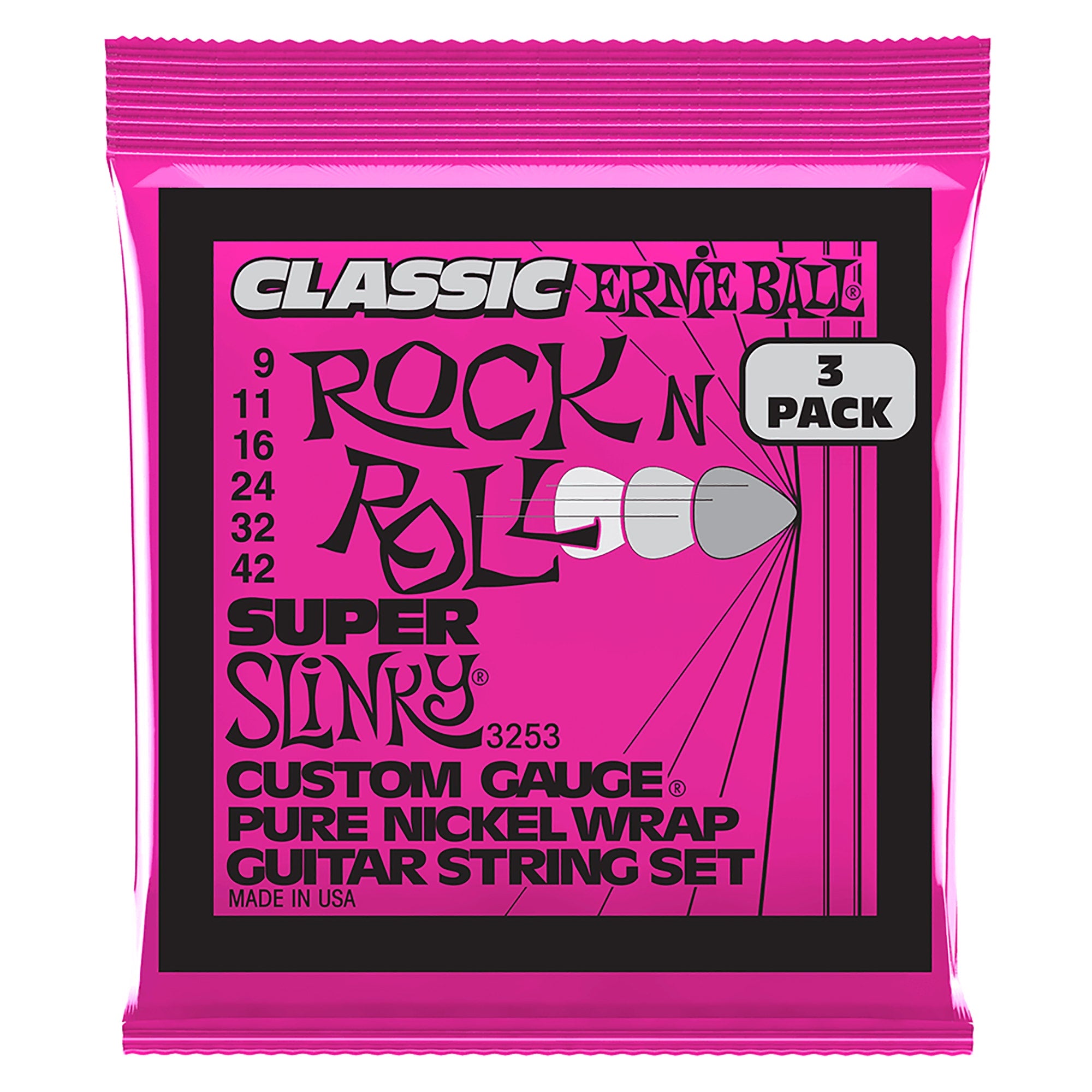 Ernie Ball 3253 Super Slinky Classic RnR Pure Nickel Electric Guitar Strings 3-Pack, 9-42