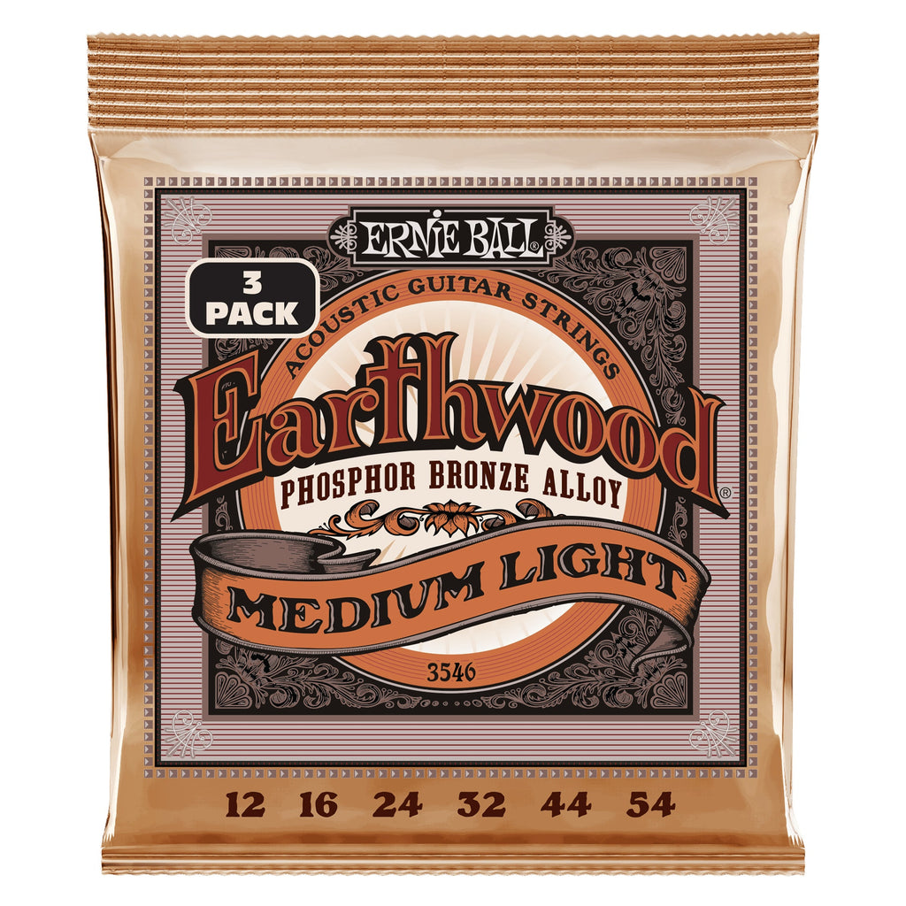 Ernie Ball 3546 Earthwood Medium Light Phosphor Bronze Acoustic Guitar Strings 3-Pack, 12-54