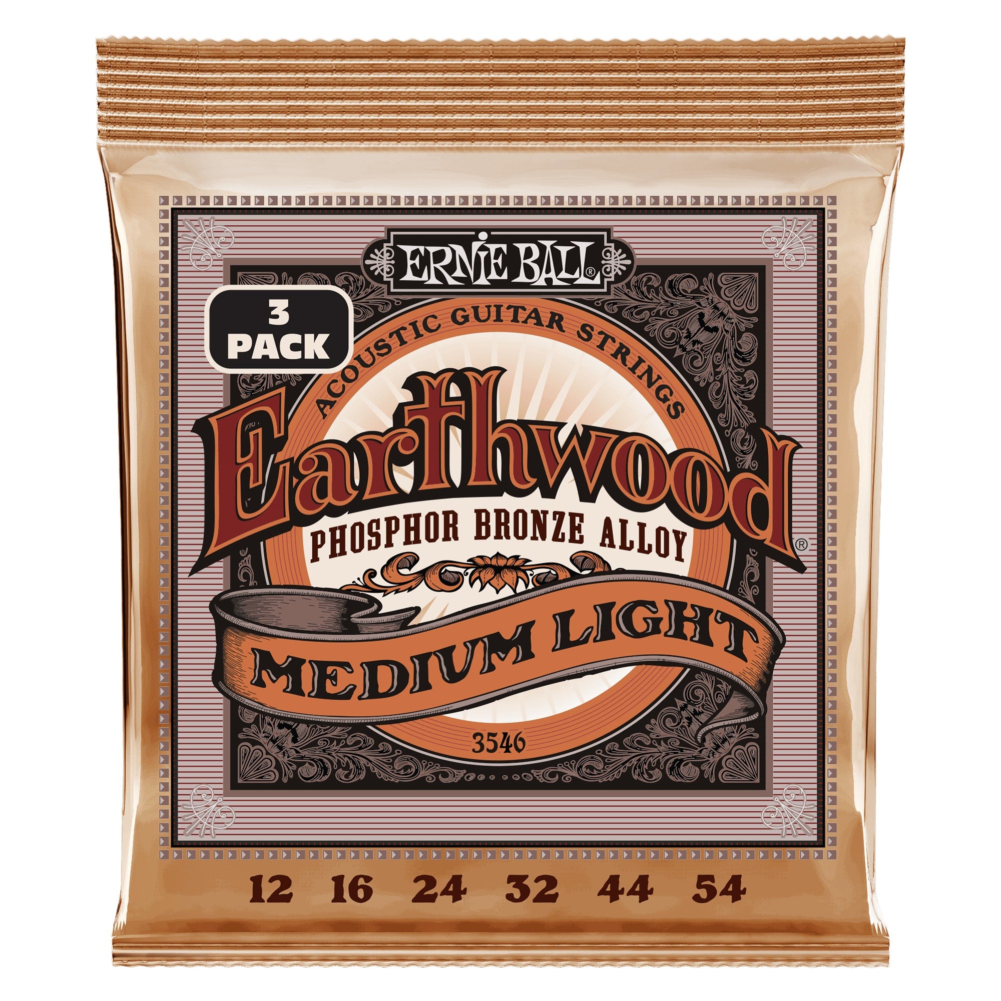 Ernie Ball 3546 Earthwood Medium Light Phosphor Bronze Acoustic Guitar Strings 3-Pack, 12-54