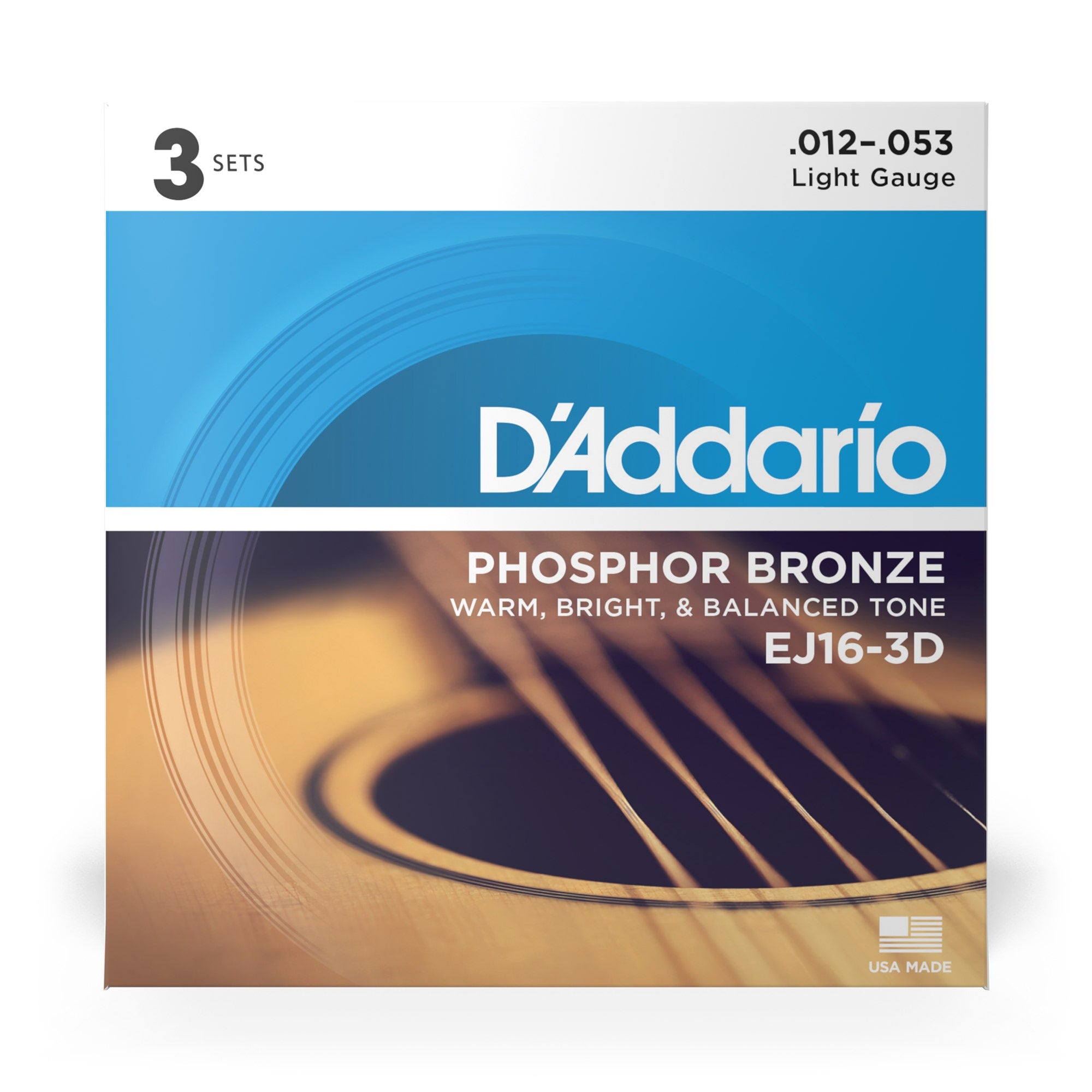 3-Pack D'Addario EJ16 Phosphor Bronze Acoustic Guitar Strings, Light Gauge 12-53