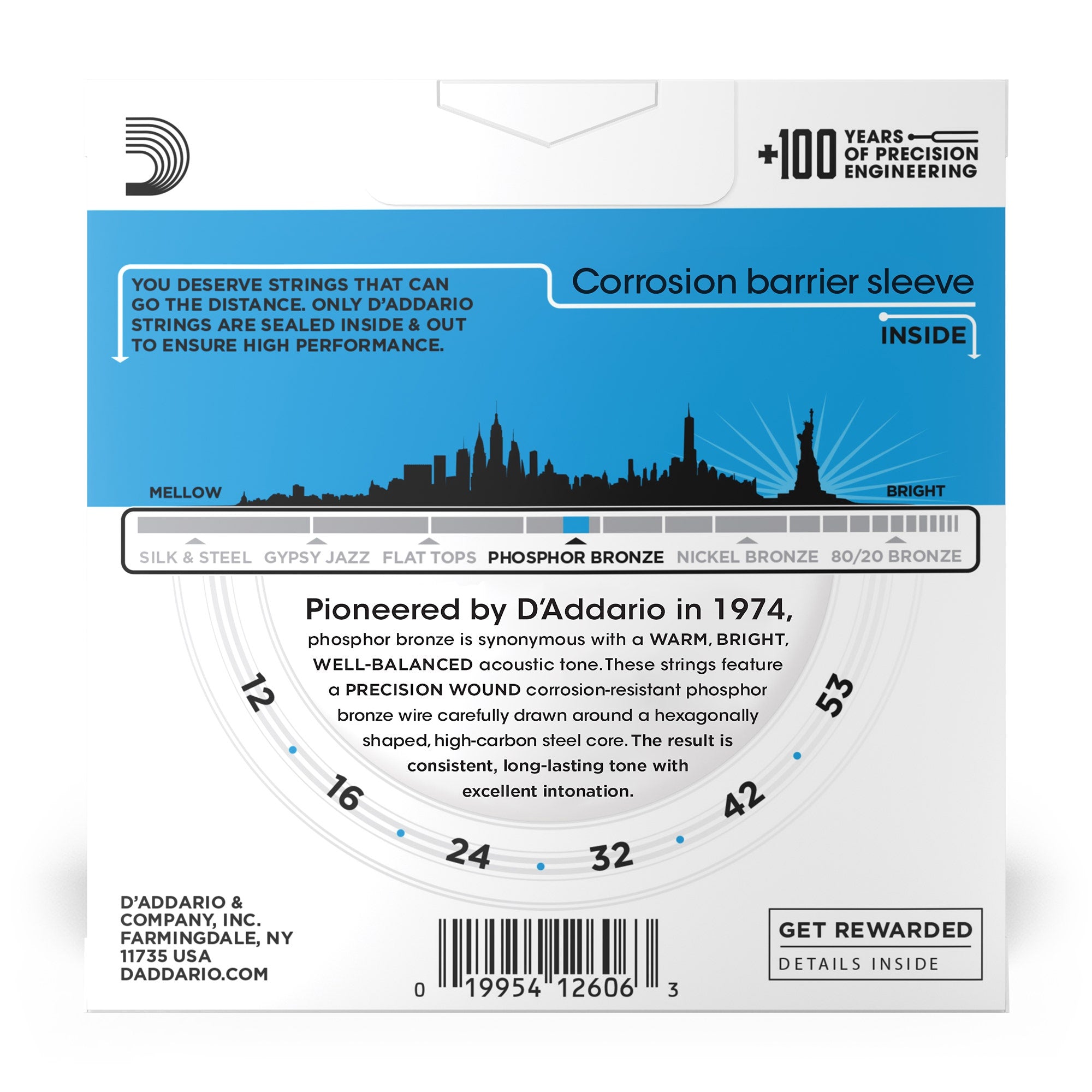 3-Pack D'Addario EJ16 Phosphor Bronze Acoustic Guitar Strings, Light Gauge 12-53