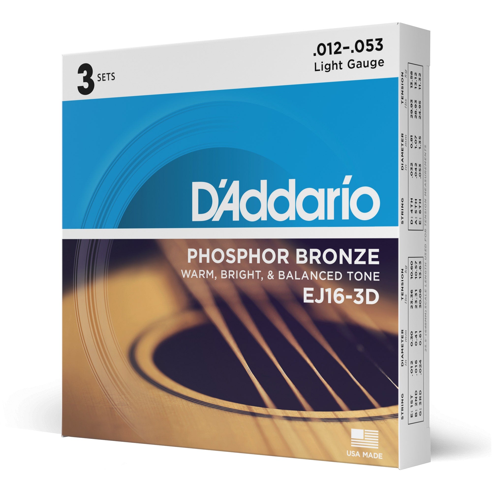 3-Pack D'Addario EJ16 Phosphor Bronze Acoustic Guitar Strings, Light Gauge 12-53