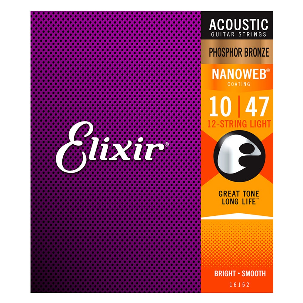 Elixir 16152 12-String Nanoweb Phosphor Bronze Acoustic Guitar Strings, Light (10-47)