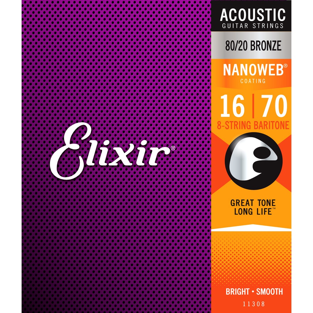 Elixir 11308 80/20 Bronze w/ Nanoweb Acoustic Guitar Strings, 8-String Baritone