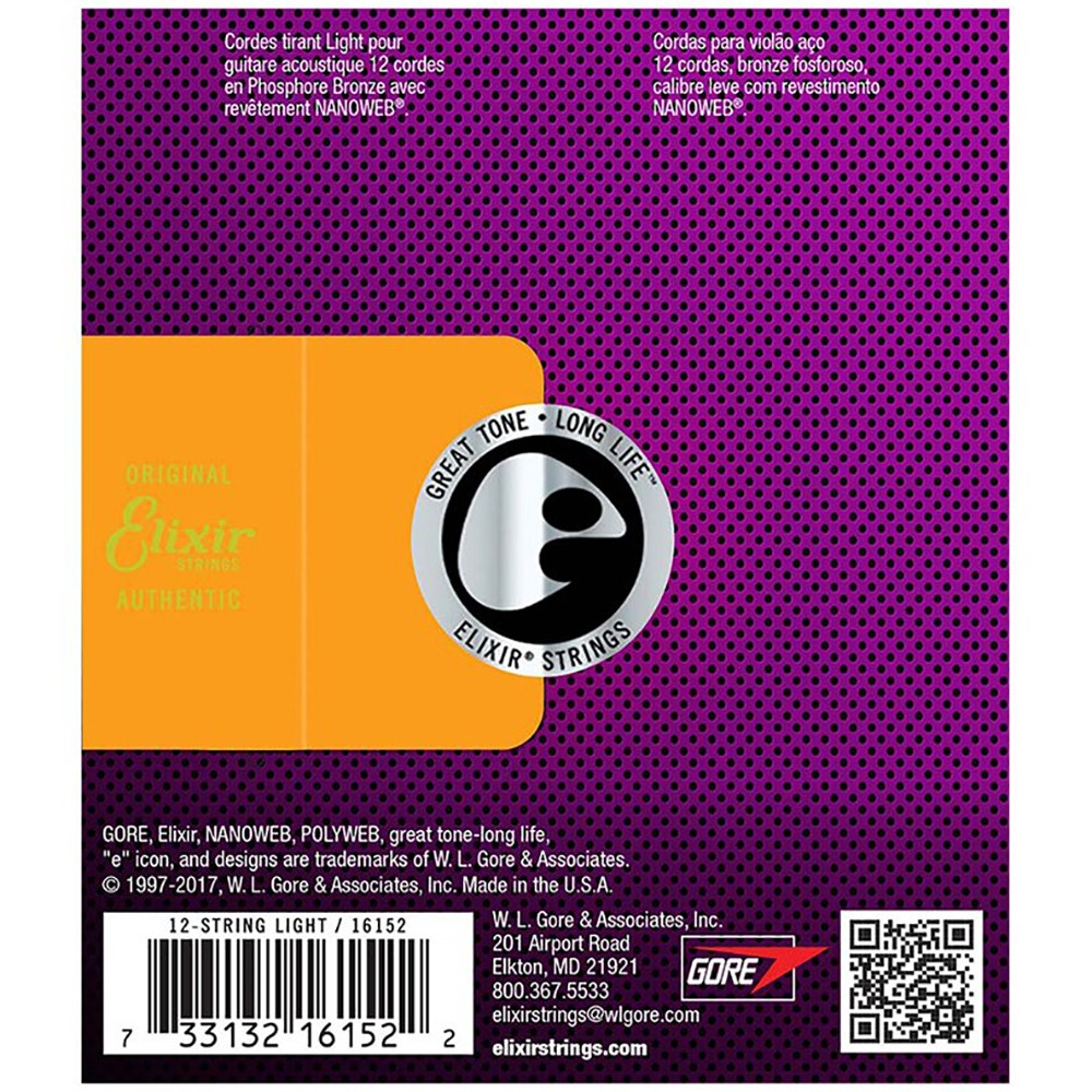 Elixir 16152 12-String Nanoweb Phosphor Bronze Acoustic Guitar Strings, Light (10-47)