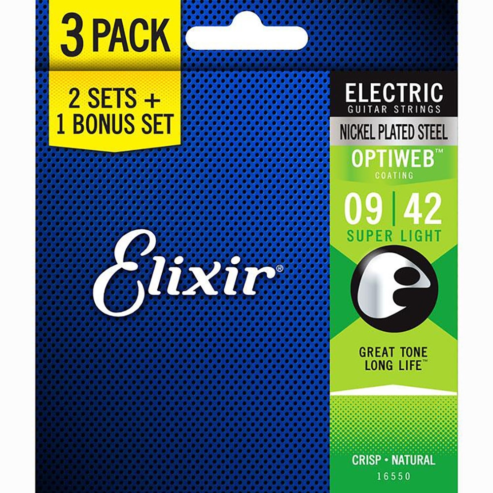 Elixir Limited Edition 3-Pack Nickel Plated Steel OPTIWEB Electric Guitar Strings, Super Light 9-42