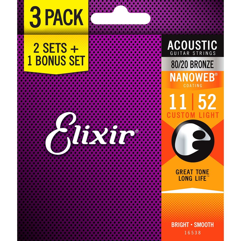 Elixir Limited Edition 3-Pack 80/20 Bronze NANOWEB Acoustic Guitar Strings, Custom Light 11-52