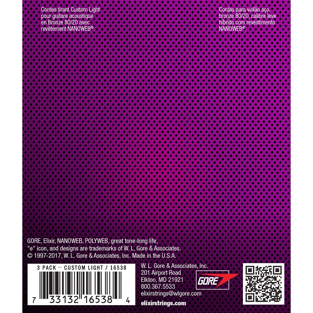 Elixir Limited Edition 3-Pack 80/20 Bronze NANOWEB Acoustic Guitar Strings, Custom Light 11-52