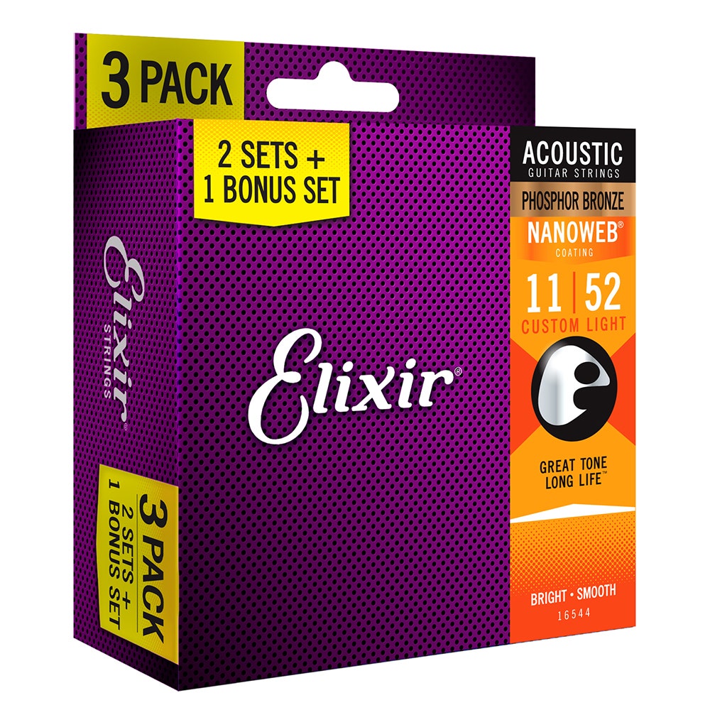 Elixir Limited Edition 3-Pack Phosphor Bronze NANOWEB Acoustic Guitar Strings, Custom Light 11-52
