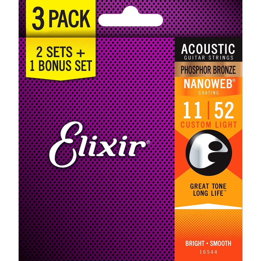 Elixir Limited Edition 3-Pack Phosphor Bronze NANOWEB Acoustic Guitar Strings, Custom Light 11-52