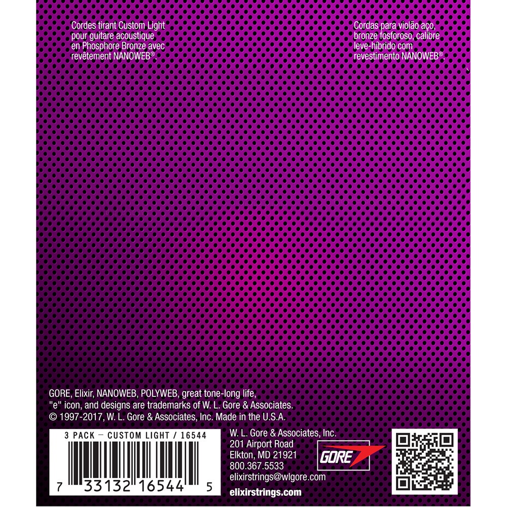 Elixir Limited Edition 3-Pack Phosphor Bronze NANOWEB Acoustic Guitar Strings, Custom Light 11-52