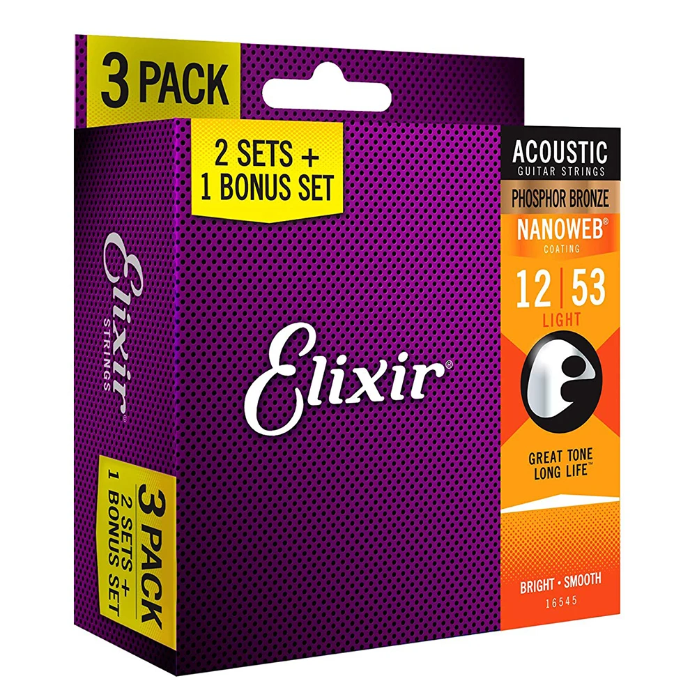 Elixir Limited Edition 3-Pack Phosphor Bronze NANOWEB Acoustic Guitar Strings, Light 12-53