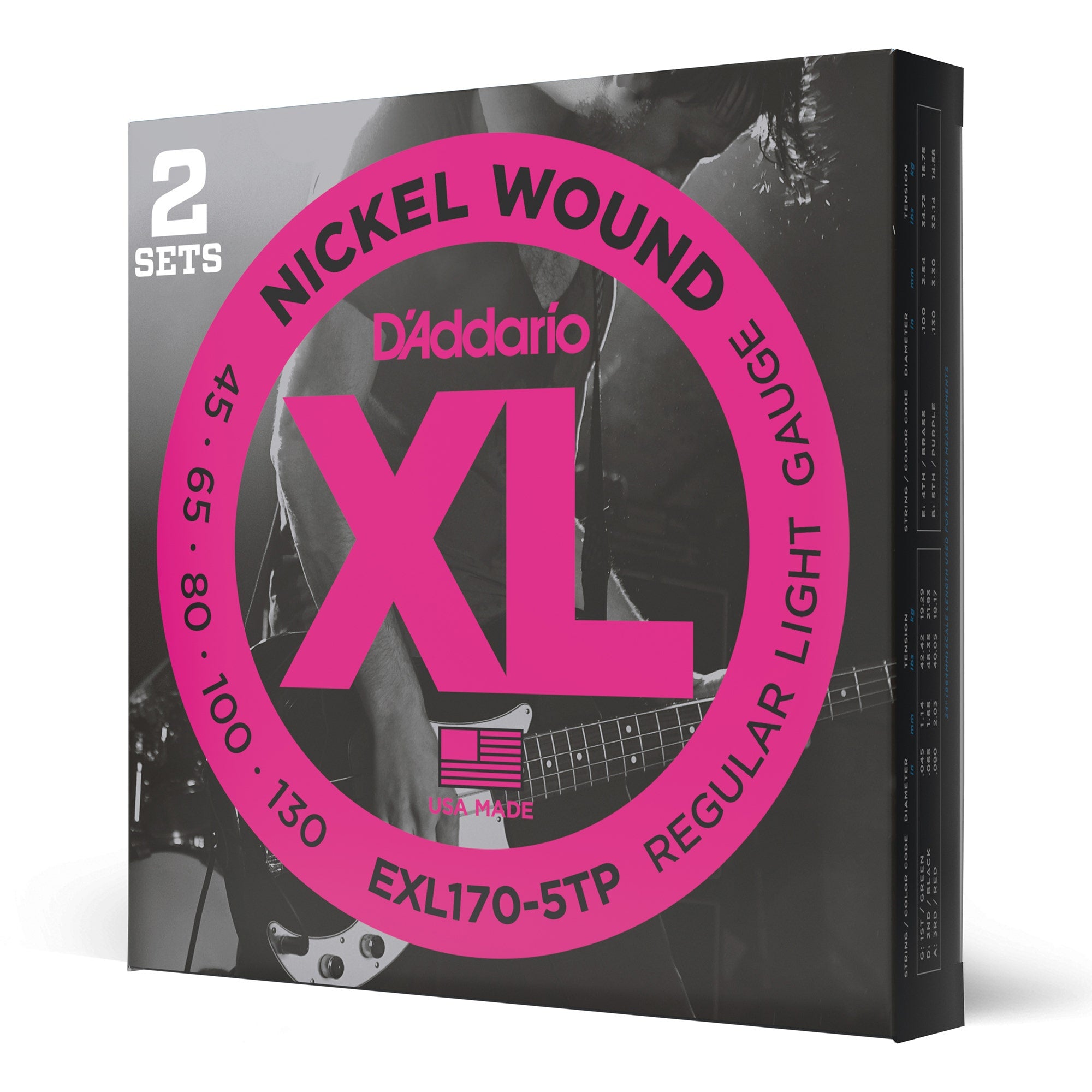 2 Sets of D'Addario EXL170-5TP Nickel Wound Long Scale Light Bass Guitar Strings (45-130)