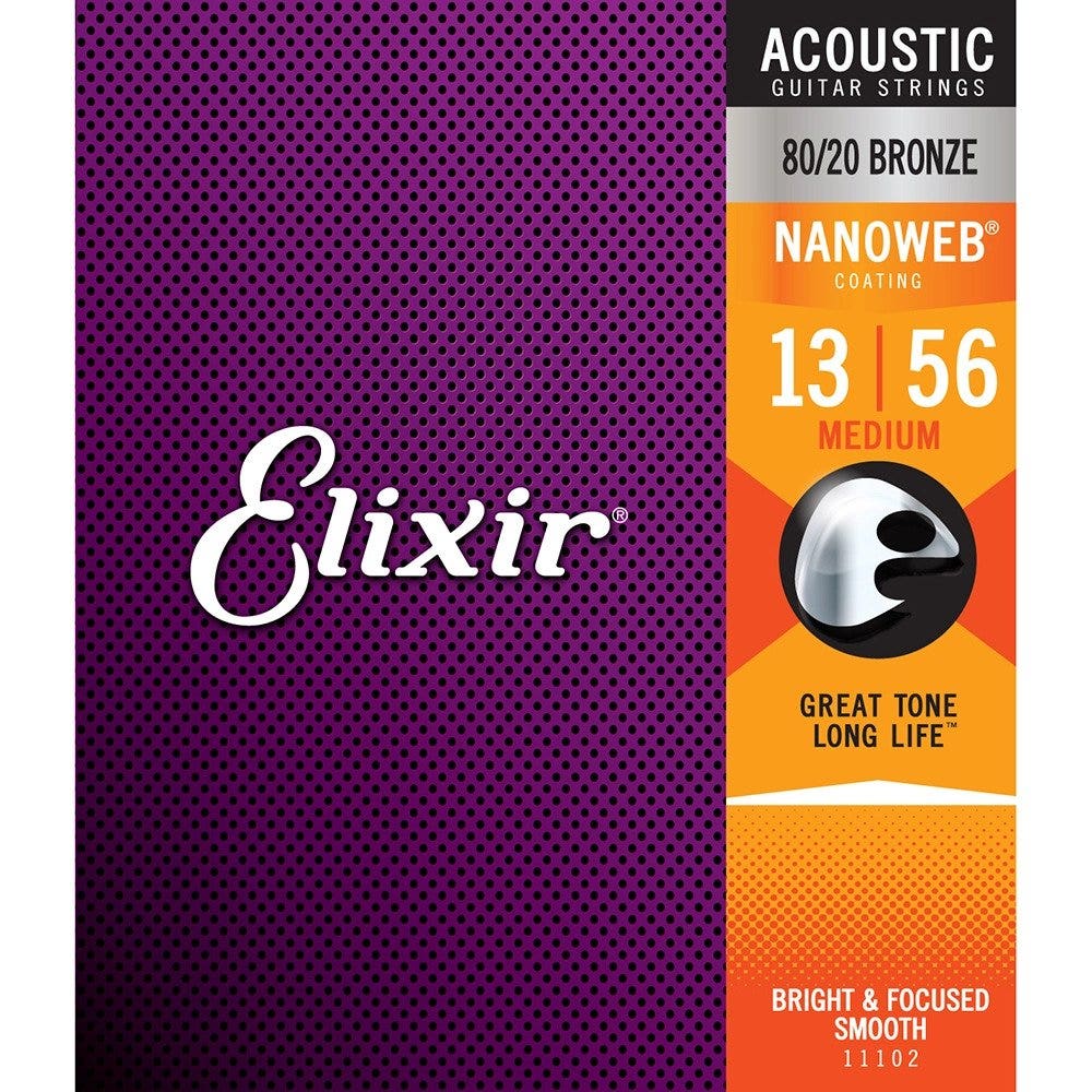 Elixir 11102 Nanoweb 80/20 Bronze Custom Medium Acoustic Guitar Strings (13-56)