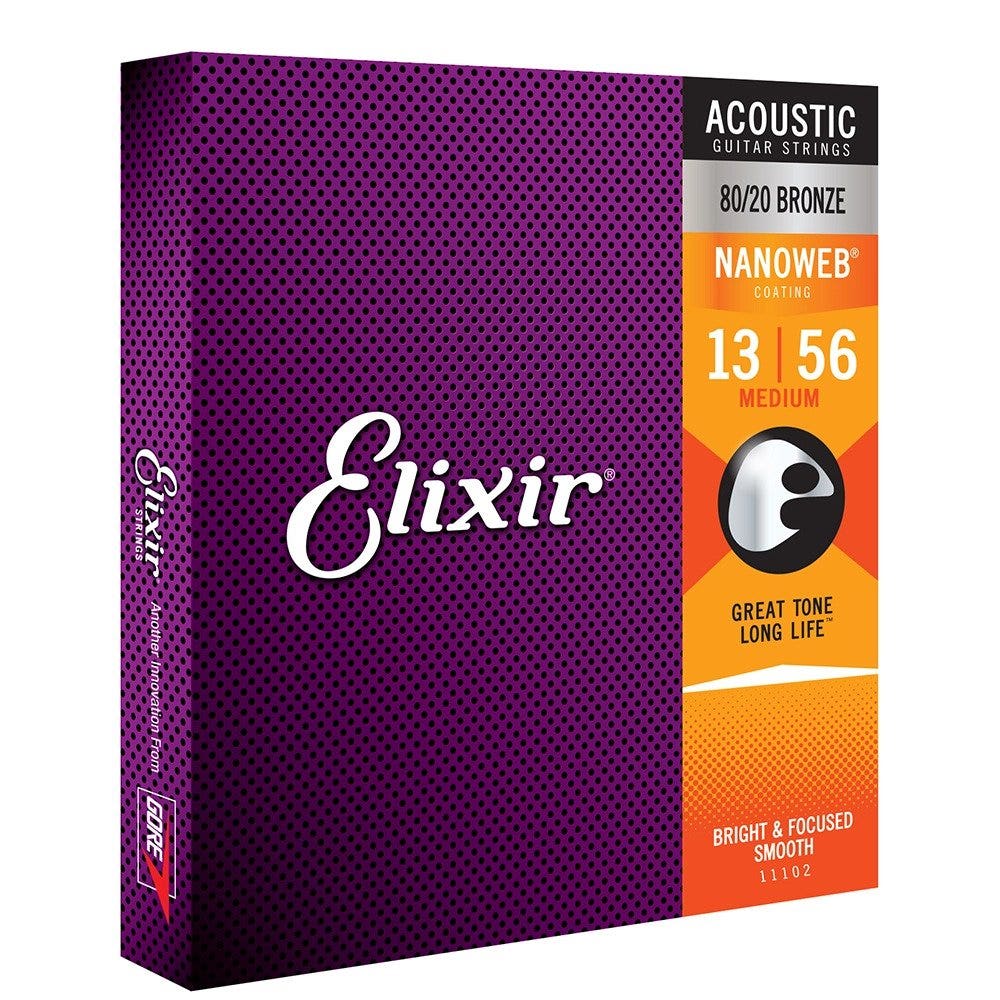 Elixir 11102 Nanoweb 80/20 Bronze Custom Medium Acoustic Guitar Strings (13-56)