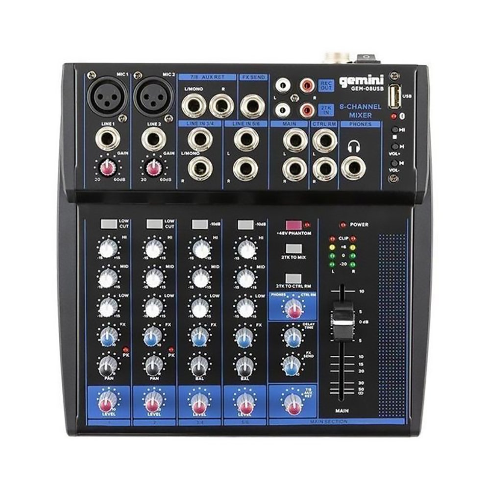 Gemini Sound GEM-08USB Compact 8-Channel Bluetooth Audio Mixer w/ USB Playback