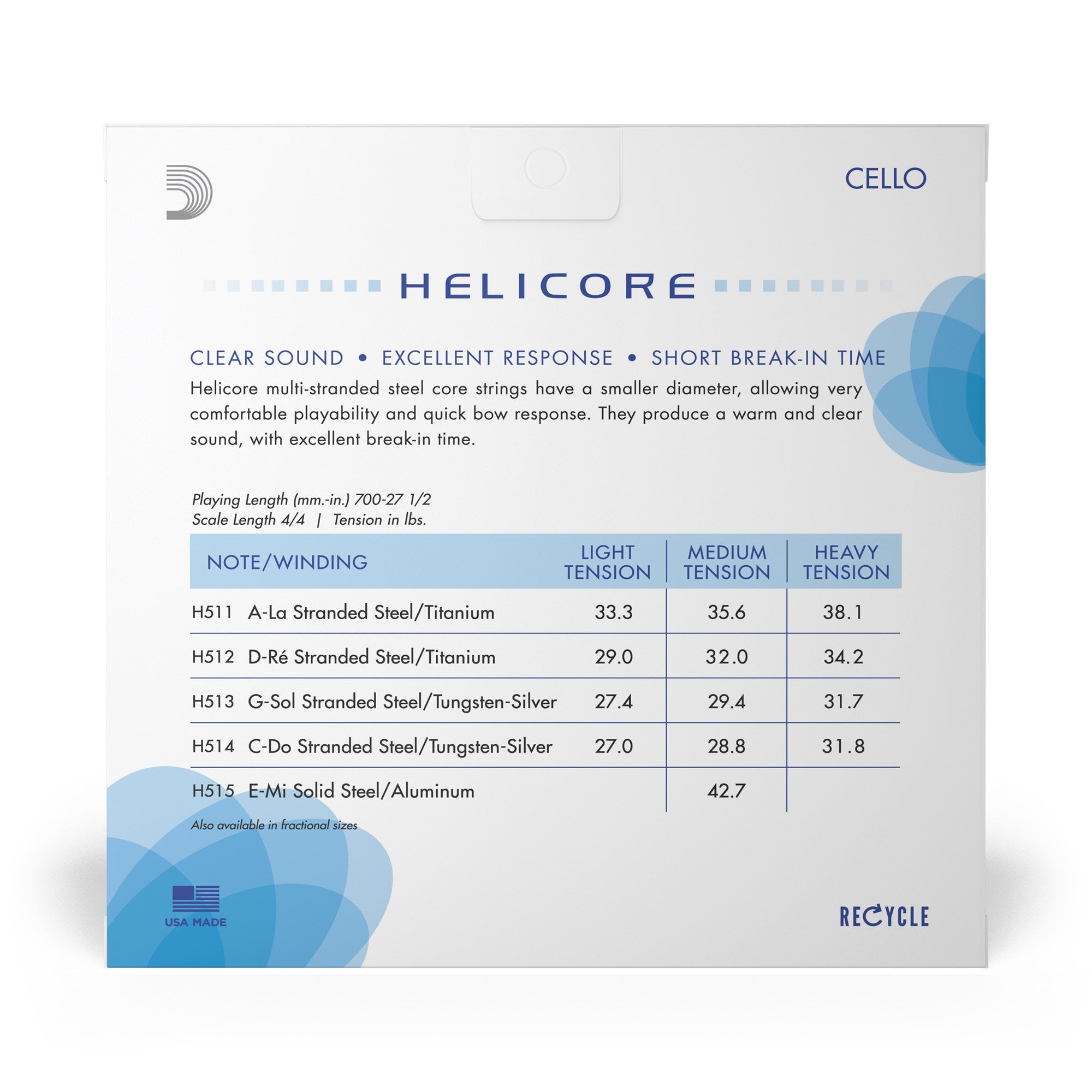 D'Addario H510 4/4H Helicore Cello String Set, 4/4 Scale, Heavy Tension