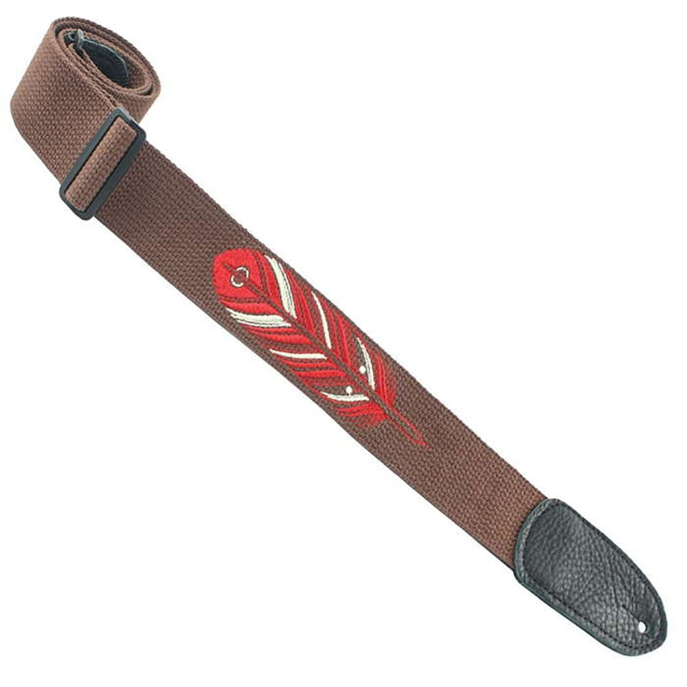 Henry Heller HDH-08 2" David Hale Cotton Guitar Strap with Embroidered Feather Design, Brown
