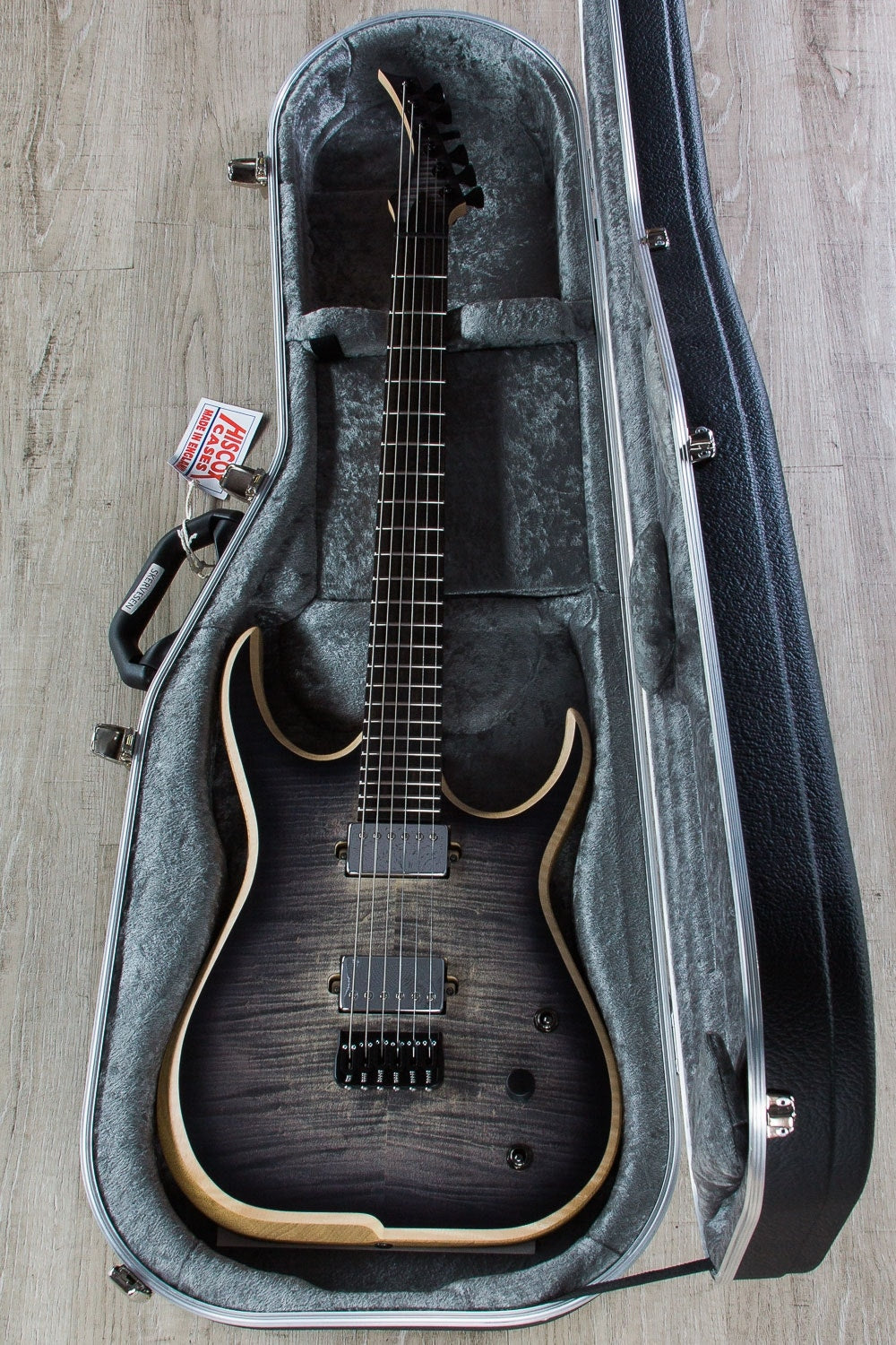 Skervesen Raptor 6 Electric Guitar, 5A Flame Maple Top, Hiscox Hard Case - Graphite Burst Satin
