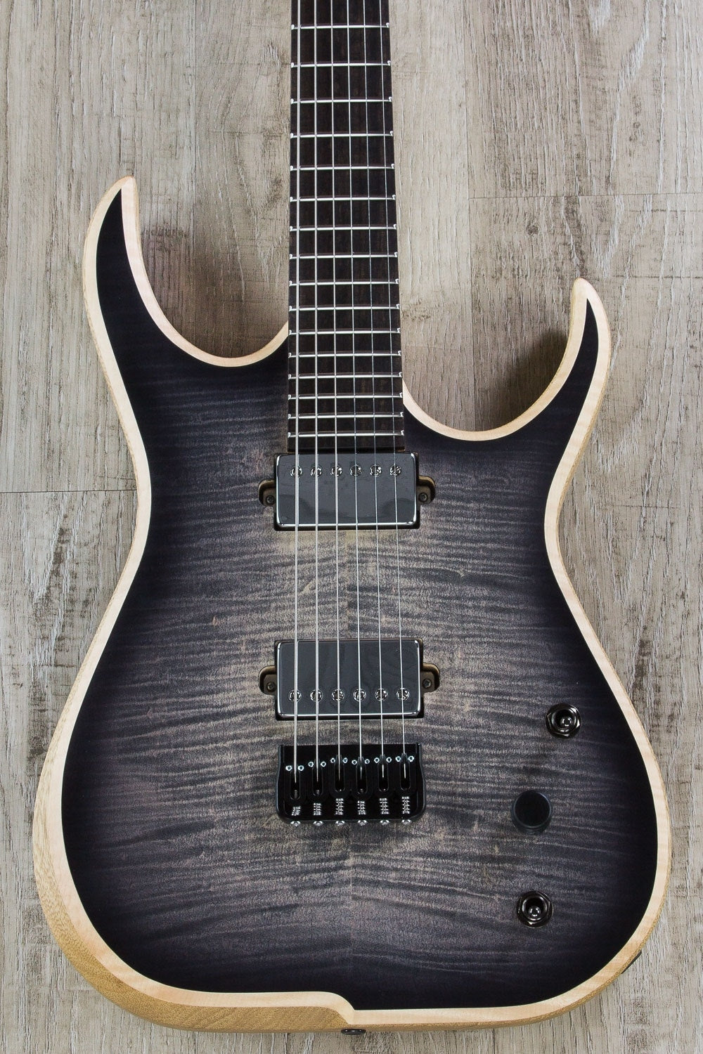 Skervesen Raptor 6 Electric Guitar, 5A Flame Maple Top, Hiscox Hard Case - Graphite Burst Satin
