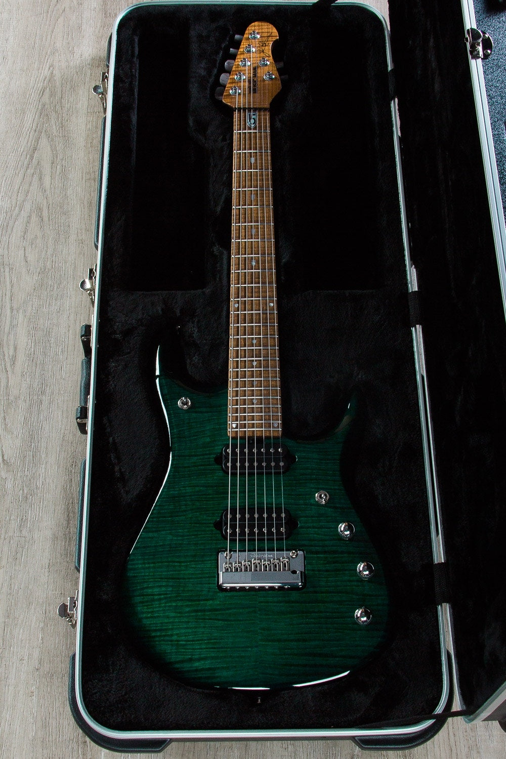 Ernie Ball Music Man JP15 7-String Electric Guitar, Roasted Maple Fingerboard, Hard Case - Teal Flame