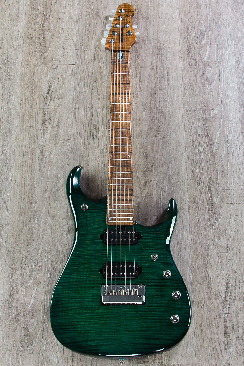 Ernie Ball Music Man JP15 7-String Electric Guitar, Roasted Maple Fingerboard, Hard Case - Teal Flame