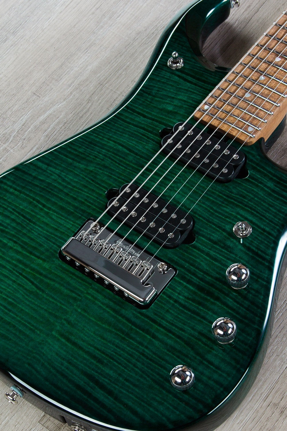 Ernie Ball Music Man JP15 7-String Electric Guitar, Roasted Maple Fingerboard, Hard Case - Teal Flame