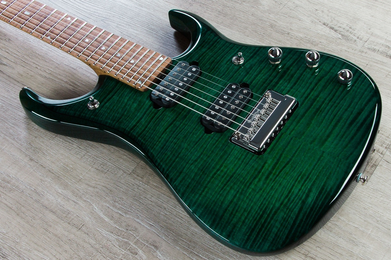 Ernie Ball Music Man JP15 7-String Electric Guitar, Roasted Maple Fingerboard, Hard Case - Teal Flame