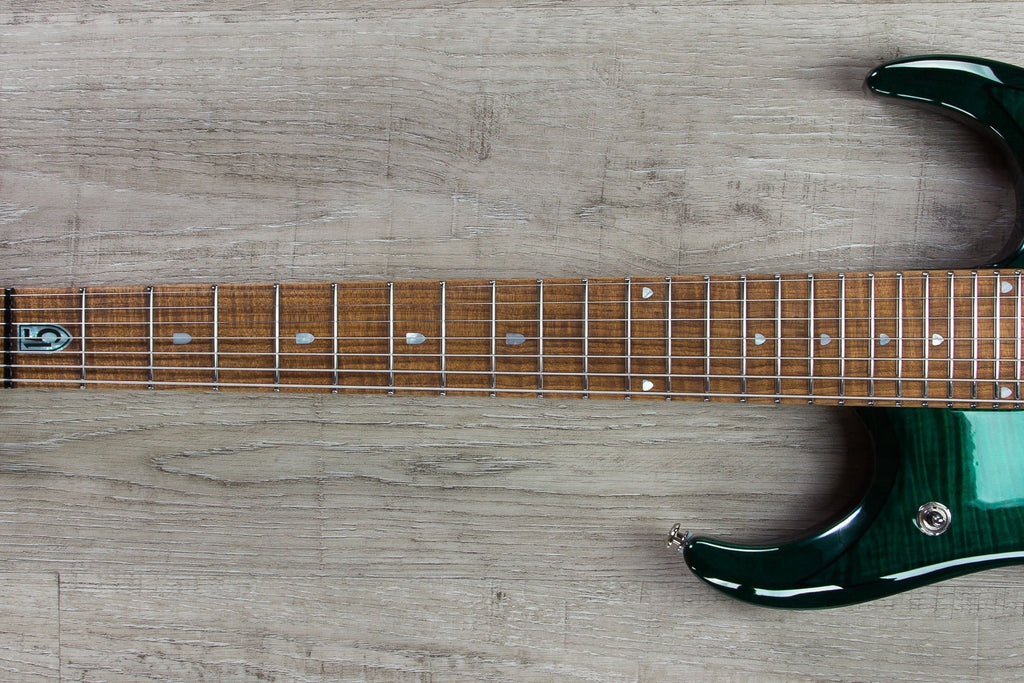 Ernie Ball Music Man JP15 7-String Electric Guitar, Roasted Maple Fingerboard, Hard Case - Teal Flame