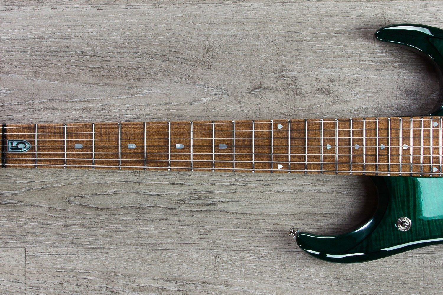 Ernie Ball Music Man JP15 7-String Electric Guitar, Roasted Maple Fingerboard, Hard Case - Teal Flame