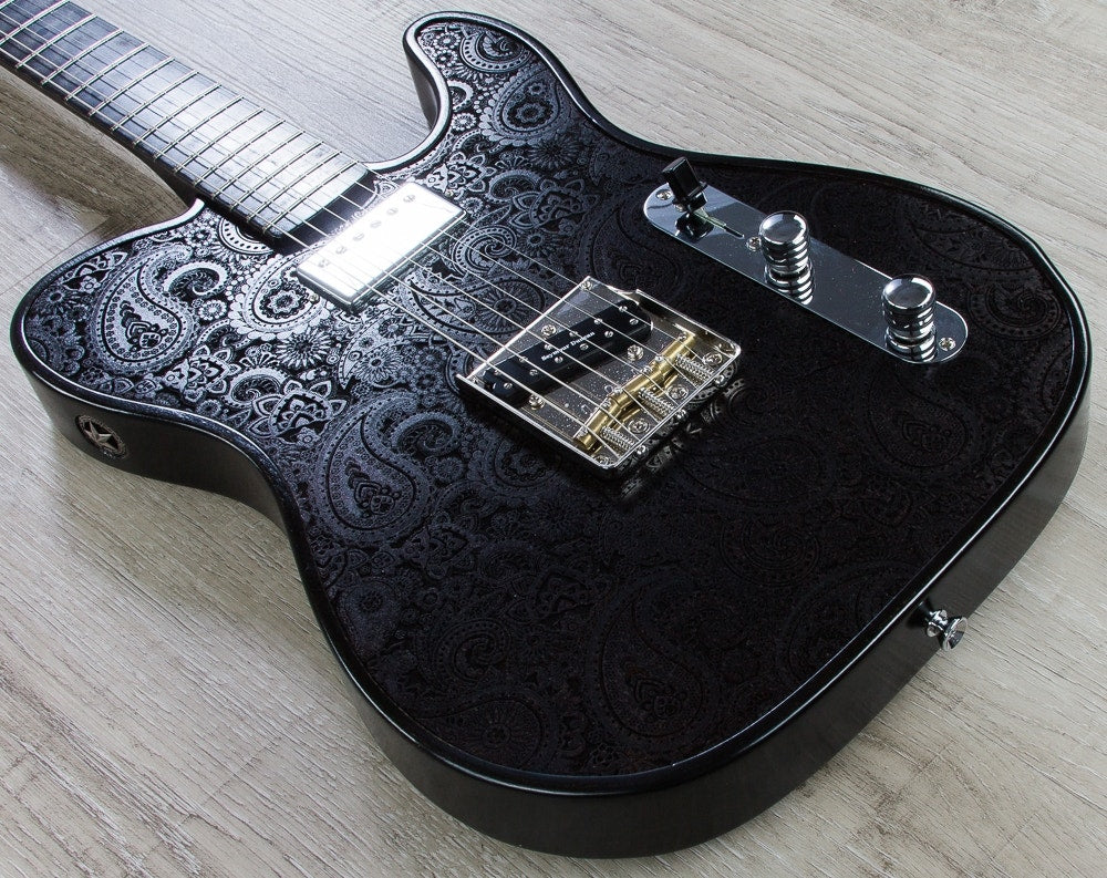 Walla Walla Guitar Company Maverick Pro T-Top Laser Black Paisley Electric Guitar, Full Chamber Body, Hard Case