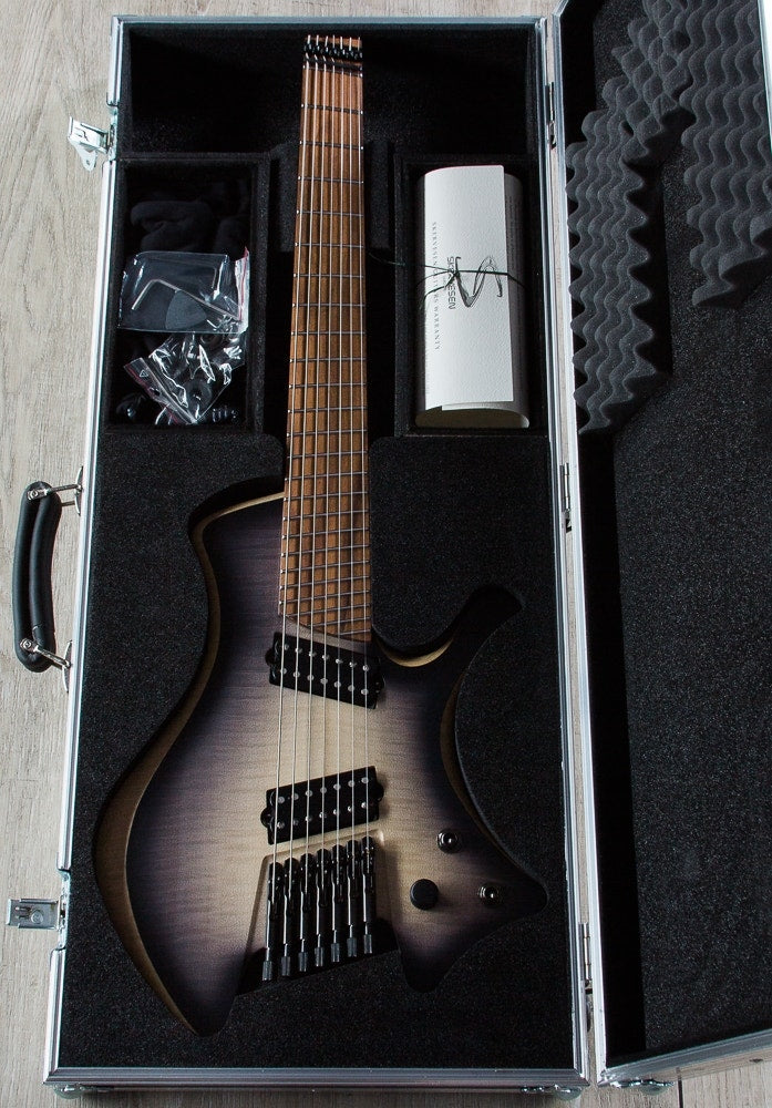 Skervesen Shoggie Singlecut 7-String Headless Electric Guitar, Fanned Fret, Flamed Maple 5A Top, Hard Case - Black Burst