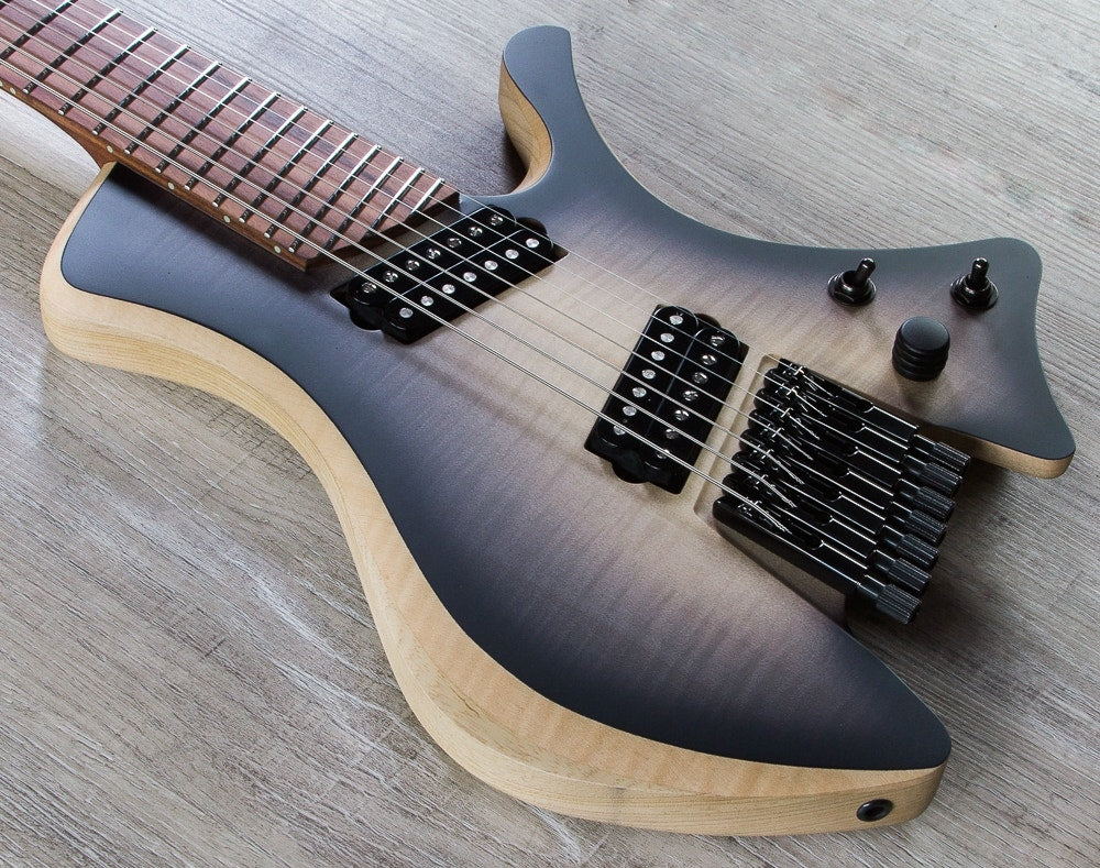 Skervesen Shoggie Singlecut 7-String Headless Electric Guitar, Fanned Fret, Flamed Maple 5A Top, Hard Case - Black Burst