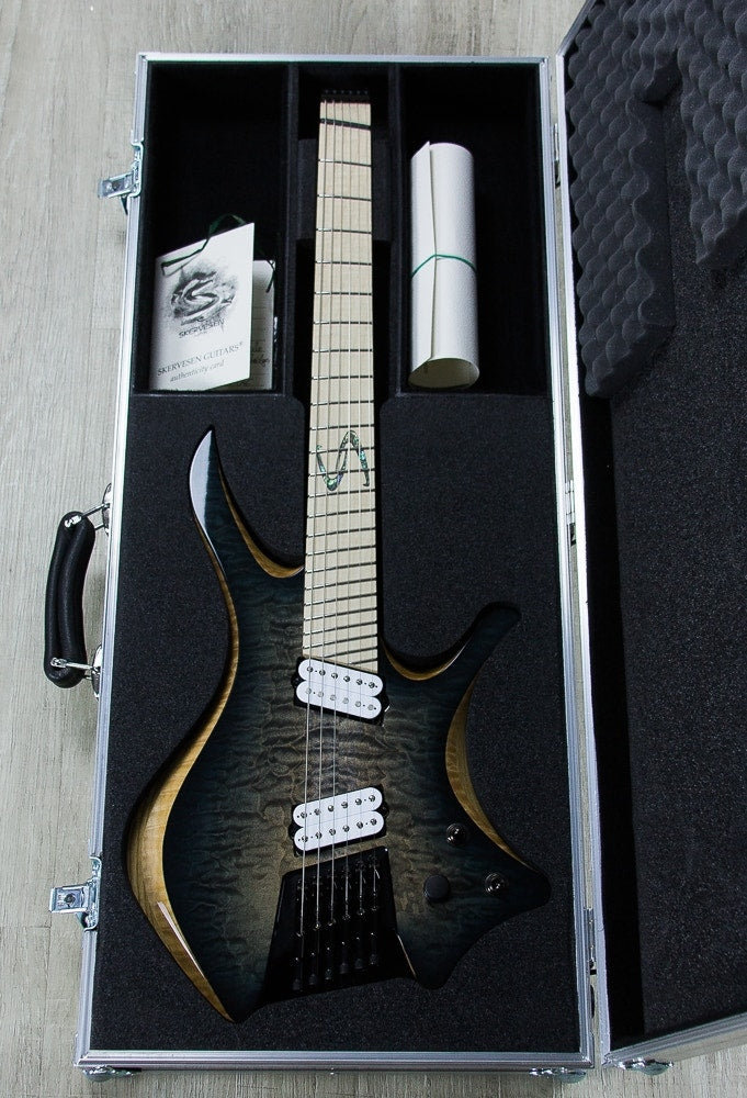 Skervesen Shoggie 6-String Headless Multiscale Electric Guitar, Quilted Maple AAAA, Flamed Maple Fingerboard, Hard Case - Trans Black Burst