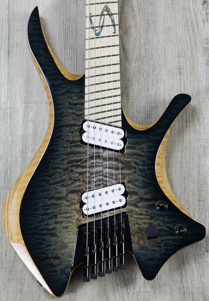 Skervesen Shoggie 6-String Headless Multiscale Electric Guitar, Quilted Maple AAAA, Flamed Maple Fingerboard, Hard Case - Trans Black Burst